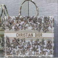 Luxurious Dior Large Book Tote Bag in Latte White Embroidery with Gold-Tone Millefiori Unicorn Motif 8000 2025