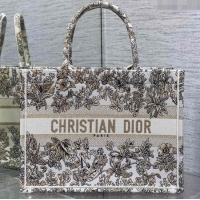 New Design Dior Medium Book Tote Bag in Latte White Embroidery with Gold-Tone Millefiori Unicorn Motif 8001 2025