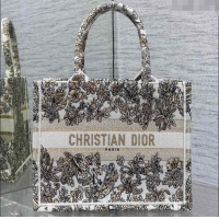 Top Quality Dior Small Book Tote Bag in Latte White Embroidery with Gold-Tone Millefiori Unicorn Motif 8002 2025