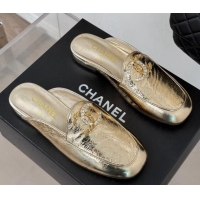 Grade Quality Chanel Shiny Calfskin Flat Mules with Strass and Chain CC G46157 Gold 0102099