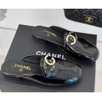 Top Design Chanel Patent Calfskin Flat Mules with Strass and Chain CC G46157 Black 0102101