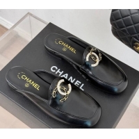 Cheap Price Chanel Shiny Calfskin Flat Mules with Strass and Chain CC G46157 Black 0102102