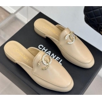 Good Looking Chanel Lambskin Flat Mules with Strass and Chain CC G46157 Beige 0102104