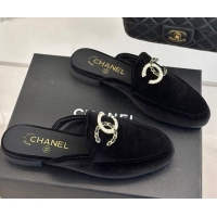 Unique Style Chanel Velvet Flat Mules with Strass and Chain CC G46157 Black 0102105