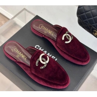 Best Product Chanel Velvet Flat Mules with Strass and Chain CC G46157 Dark Burgundy 0102106