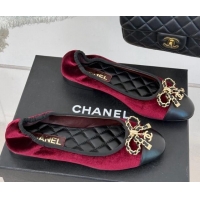 Best Grade Chanel Velvet Ballet Flats with Chain Bow Dark Burgundy 0102107