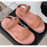 Good Quality Chanel Haircalf-Like Strap Flat Sandals Pink 0102115