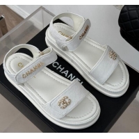 Top Design Chanel Haircalf-Like Strap Flat Sandals White 0102118