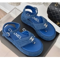 Trendy Design Chanel Chevron Denim Platform Thong Sandals 4.5cm Blue 0102123