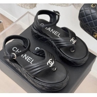 Popular Style Chanel Chevron Lambskin Platform Thong Sandals 4.5cm Black 0102124