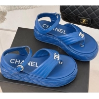 Luxury Cheap Chanel Chevron Lambskin Platform Thong Sandals 4.5cm Blue 0102125