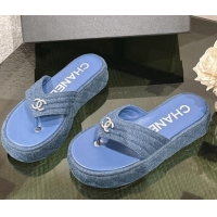 Unique Style Chanel Chevron Denim Platform Thong Slides Sandal 4.5cm Blue 0102137