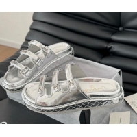 Popular Style Chanel Calfskin Flat Slides Sandal with Multi Strap Silver 0102145