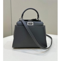 Top Grade Fendi Peekaboo Mini Bag in Litchi-Grained Leather 2590 Dark Grey 2025