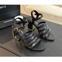 Popular Style Chanel Lambskin Strap Heel Sandals 7cm Black 0103003