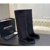 Good Looking Chanel Velvet Foldover Flat High Boots Black 0103008