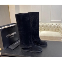 Pretty Style Chanel Suede Foldover Flat High Boots Black 0103009