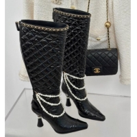 Grade Quality Chanel Down Cloth & Patent Leather Heel High Boots 8cm with Pearls Black 0103010