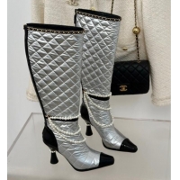 Best Grade Chanel Down Cloth & Patent Leather Heel High Boots 8cm with Pearls Silver 0103011