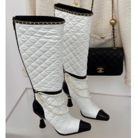 Trendy Design Chanel Down Cloth & Patent Leather Heel High Boots 8cm with Pearls White 0103012