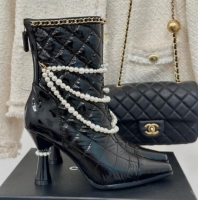 Low Cost Chanel Down Cloth & Patent Leather Heel Ankle Boots 8cm with Pearls Black 0103013