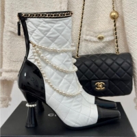 Durable Chanel Down Cloth & Patent Leather Heel Ankle Boots 8cm with Pearls White 0103014