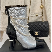 Best Product Chanel Down Cloth & Patent Leather Heel Ankle Boots 8cm with Pearls Silver 0103015