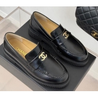 Shop Cheap Chanel Shiny Crumpled Calfskin Loafers with Metal-Tone CC G46112 Black 0103016