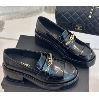 Hot Style Chanel Patent Calfskin Loafers with Chain Black 0103021