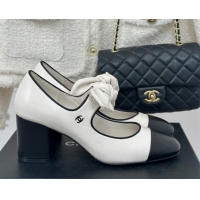 Luxurious Chanel Lambskin & Patent Leather Mary Janes Pumps with Knot Bow White 0103029