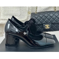 Stylish Chanel Patent Calfskin Leather Mary Janes Pumps with Knot Bow Black 0103030