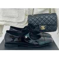 Best Product Chanel Patent Calfskin Leather Mary Janes Ballet Flats with Knot Bow Black 0103033