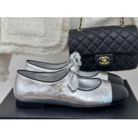 Grade Chanel Lambskin & Patent Leather Mary Janes Ballet Flats with Knot Bow Silver 0103034