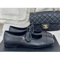 Duplicate Chanel Lambskin & Patent Leather Mary Janes Ballet Flats with Knot Bow Black 0103035