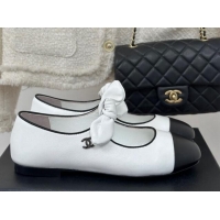 Top Grade Chanel Lambskin & Patent Leather Mary Janes Ballet Flats with Knot Bow White 0103036