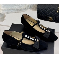 Big Discount Chanel Velvet Mary Janes Pumps with Pearls and Bow Black 0103040