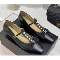 Shop Cheap Chanel Lambskin Mary Janes Pumps with Pearls and Bow Black 0103041