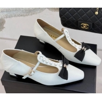 Fashion Luxury Chanel Lambskin Mary Janes Pumps with Pearls and Bow White 0103042