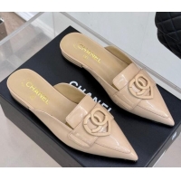 Popular Style Chanel Patent Calfskin Flat Mules with CC Heart Nude 0103044