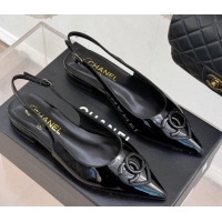 Pretty Style Chanel Patent Calfskin Flat Slingbacks with CC Heart Black 0103046