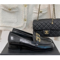 Pretty Style Chanel Shiny Lambskin Loafers with Chain Black 0103059