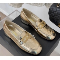 Best Grade Chanel Crumpled Shiny Lambskin Loafers with Chain Gold 0103062