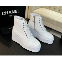 Popular Style Chanel Lambskin Wedge Laced-up Ankle Boots 10cm White 0103063