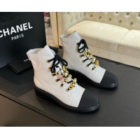 Charming Chanel Crumpled Shiny Calfskin & Grosgrain Ankle Boots with Beads Charm White 0103066