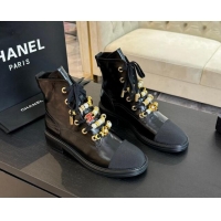 Top Design Chanel Crumpled Shiny Calfskin & Grosgrain Ankle Boots with Beads Charm Black 0103067