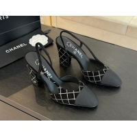 Sumptuous Chanel Quilted Suede & Grosgrain Slingback Pumps 9cm with Studs G45509 Black 0103087