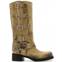 ​Buy Discount Miu Miu Suede High Boots with Buckle Strap 5W792D Beige