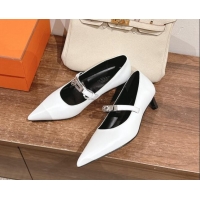 Grade Quality Hermes Kiara Mary Janes Pumps 4cm in Calfskin with Kelly buckle White 1230089