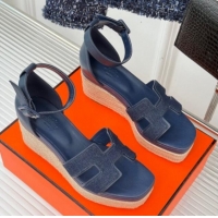 Top Grade Hermes Elda Platform Wedge Sandals 8cm in Denim and Leather Blue 1230091