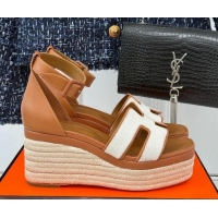 Best Product Hermes Elda Platform Wedge Sandals 8cm in Canvas and Leather Brown 1230092